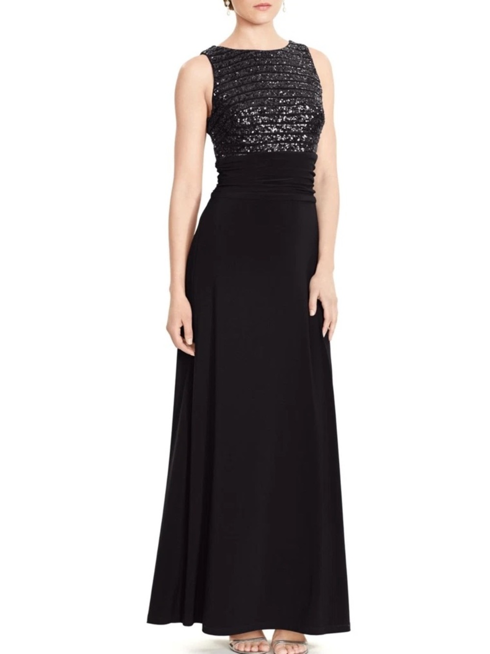 Lauren Ralph Lauren Black Sequin Stripe Evening Gown Sz 12 Maxi Formal Elegant